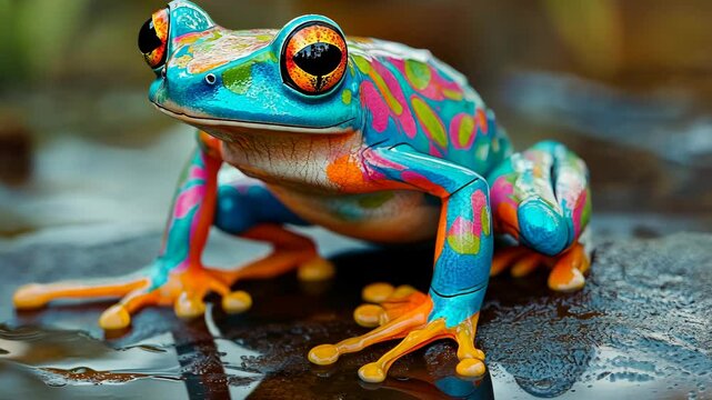 A colorful frog sits on a wet rock in a tropical rainforest