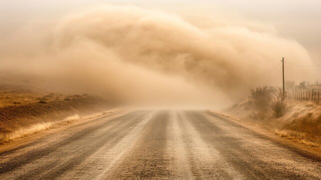 A swirling dust storm looms ominously over a deserted road surrounded by an empty terrain