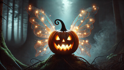 Pumpkin Ghost with Fairy Wings in a Mystical Forest