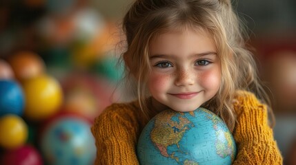 young girl hugging a globe model representing hope for world childrens day surrounded by colorful toys and educational materials symbolizing a bright future for all children