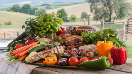 a tray of food including vegetables, meat, and vegetables.