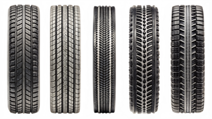 Set of black tire tracks isolated on white background as transparent. PNG. AI GENERATED.