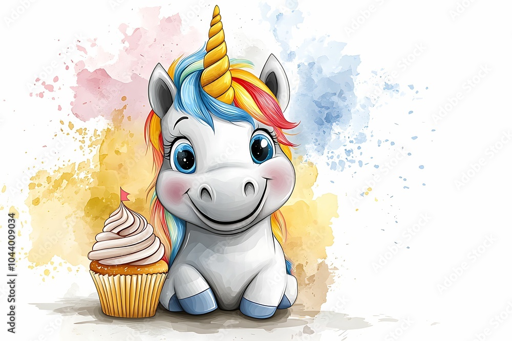 Poster adorable magical unicorn with colorful mane enjoying a delicious cupcake in a playful and whimsical 
