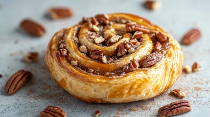 Cinnamon swirl Danish pastry with pecans, isolated on a gray stone surface, garnished with crushed pecans and a sprinkle of cinnamon