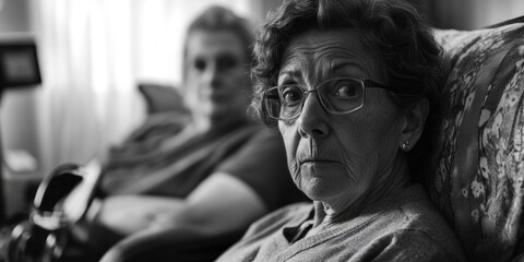 Obraz premium Grey-haired individuals sharing a quiet moment on a couch