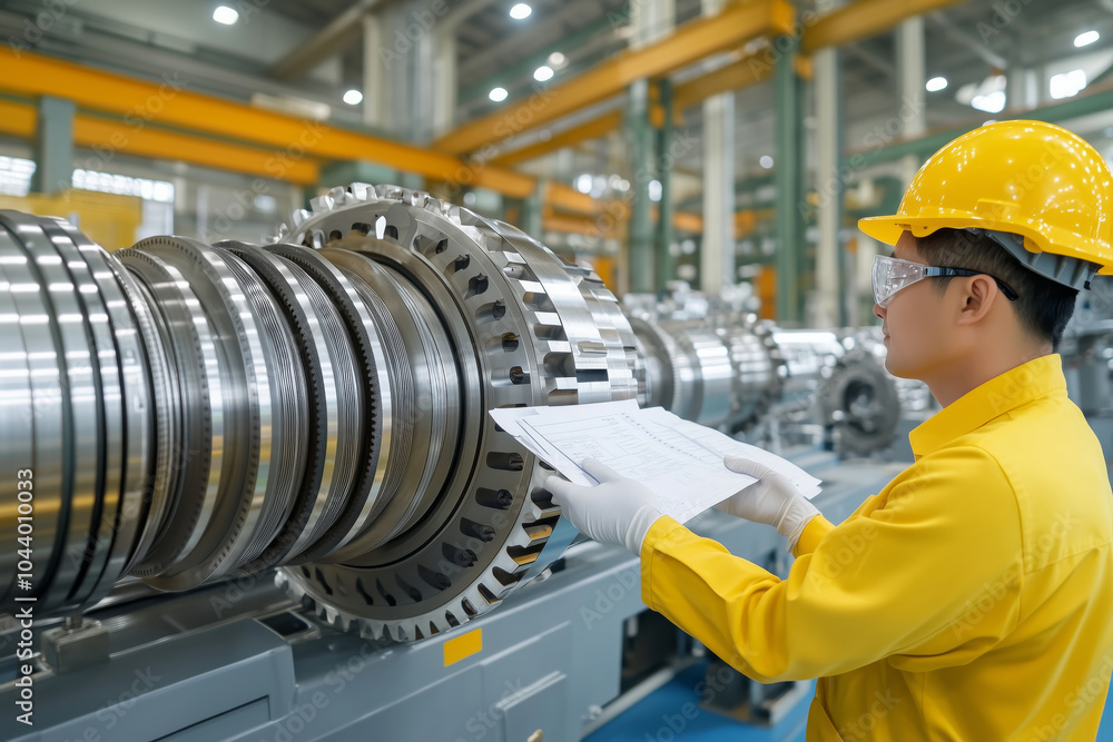 Poster Tech assessing safety protocols for machinery in busy factory