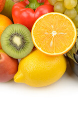 Collection fruits and vegetables isolated on a white. Free space for text.