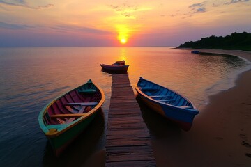 Fototapeta premium Sunset over the lagoons of Kalpitiya, with colorful fishing boats resting in the still waters as the sky turns orange and pink