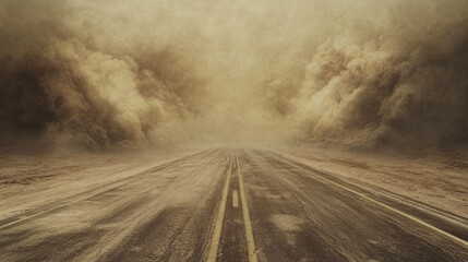 A fierce dust storm obscures the road ahead enveloping the desolate desert in chaos