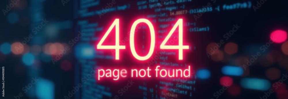 Poster sign with glowing neon text in center “404” and text 