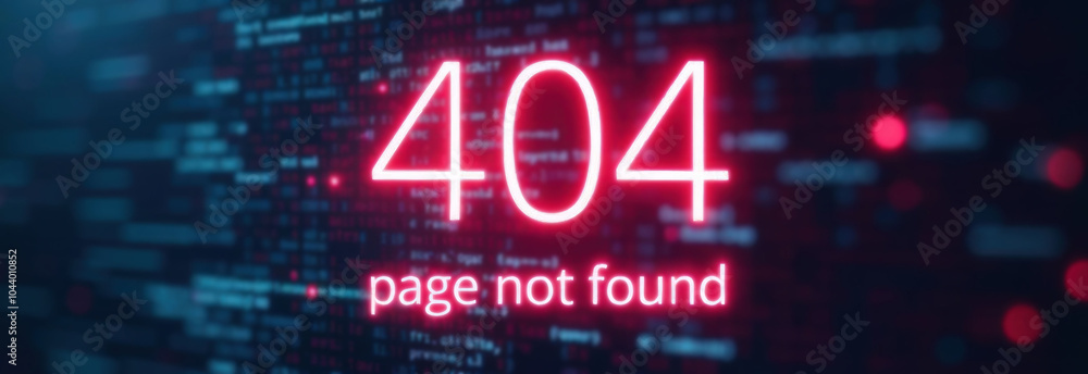 Poster sign with glowing neon text in center “404” and text 