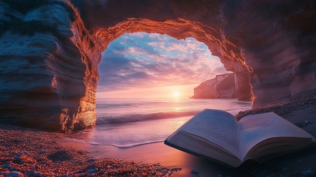Creative concept image of sunrise landscape on Jurassic Coast in pages of book --ar 16:9 --v 6.1 Job ID: 4e1e839b-b029-4a67-855b-0f7f9b9b9828