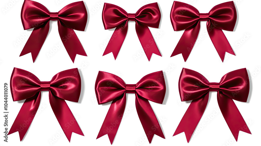 Aufkleber set of four red satin ribbon bows on a transparent background generative ai