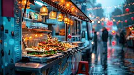 Obraz premium Food trucks with various kinds of food are parked on the side of the road