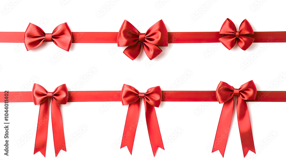 Aufkleber set of four red satin ribbon bows arranged on a transparent background generative ai