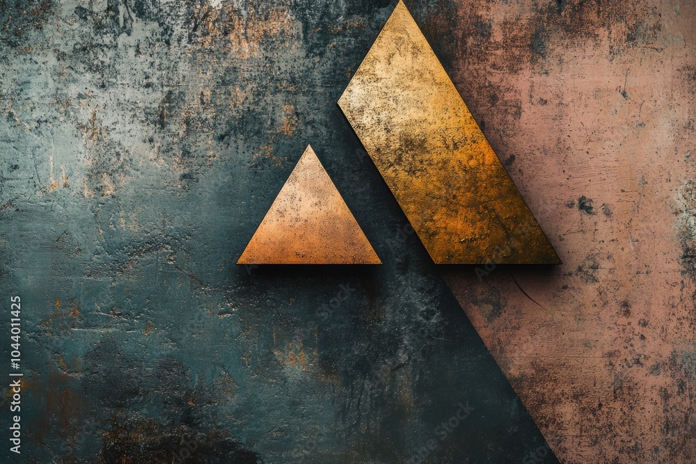 Aufkleber golden asymmetrical triangles rest against a textured blue and pink backdrop, showcasing a striking 