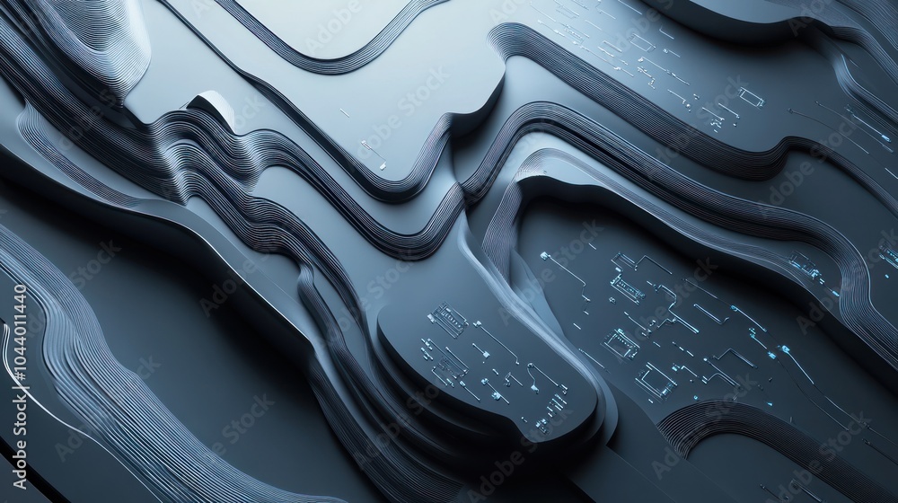 Poster abstract digital landscape with flowing lines and circuit-like patterns.