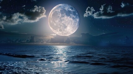 A large moon is reflected in the water of the ocean