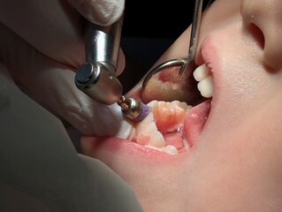 A close-up of a dental cleaning procedure on a child, showing a dentist polishing the patient's teeth, using a polishing brush and an inspection mirror to hold the mouth open.