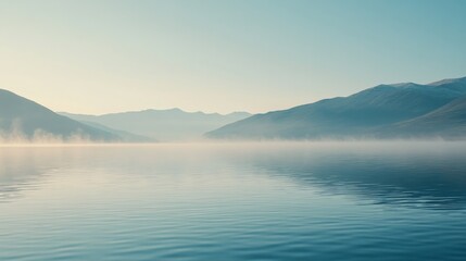Obraz premium Thick mist blankets a serene lake at dawn lending a mystical air to the mountainous landscape