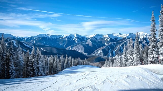 Snow-covered ski slope with majestic mountain backdrop on a clear sunny day. Concept of winter sports, breathtaking nature views, outdoor adventure
