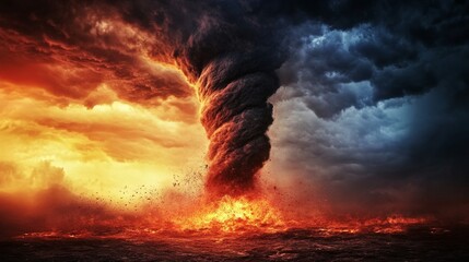 A fierce tornado spins wildly while dark clouds loom ominously above a fiery horizon