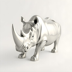 Obraz premium Rhino metallic 3D image of silver rhino on white background. Generative AI