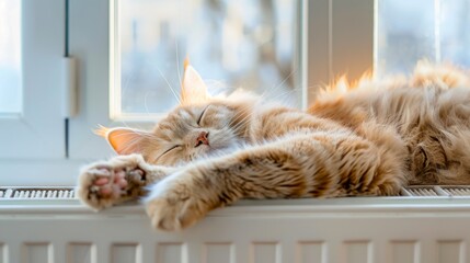 Fluffy ginger cat sleeping soundly on a sunny windowsill above a white radiator. Concept of relaxation, cozy home atmosphere, peaceful domestic life, heating, and cute kitten