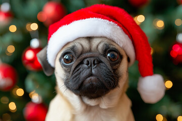 A festive pug wearing a Santa hat poses adorably amidst Christmas decorations in soft, shimmering light. Generative AI