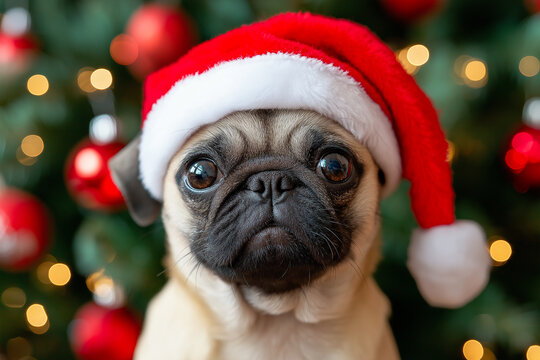 A festive pug wearing a Santa hat poses adorably amidst Christmas decorations in soft, shimmering light. Generative AI