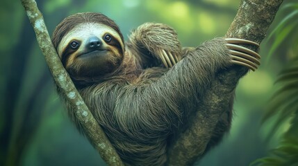 Fototapeta premium Funny sloth hanging on tree branch, cute face look, perfect portrait of wild animal in the Rainforest of Costa Rica scratching the belly, Bradypus variegatus, brown-throated three-toed sloth, relaxed