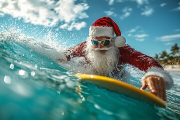 A whimsical Santa Claus confidently surfing a vibrant yellow board on a turquoise wave, embodying a playful holiday spirit ideal for Christmas-themed designs and promotions.