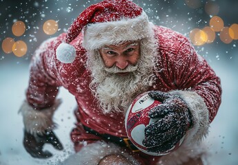 Dynamic Santa Claus in festive attire charging with a rugby ball, perfect for Christmas promotions, holiday events, and sports-themed seasonal campaigns.