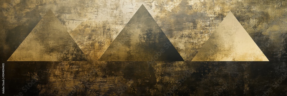 Poster Three asymmetrical triangular shapes are displayed against a textured, golden background, offering a modern artistic expression and depth. Generative AI