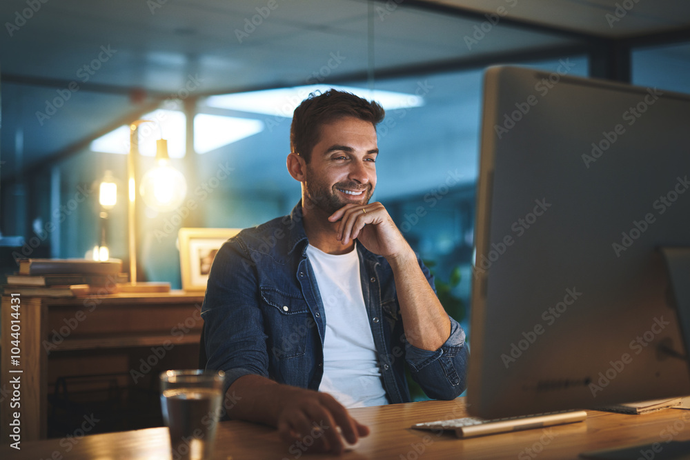 Aufkleber Computer, night and man in office with research for software development and data analytics of system. Reading, technology and male IT specialist working overtime with online firewall configuration.