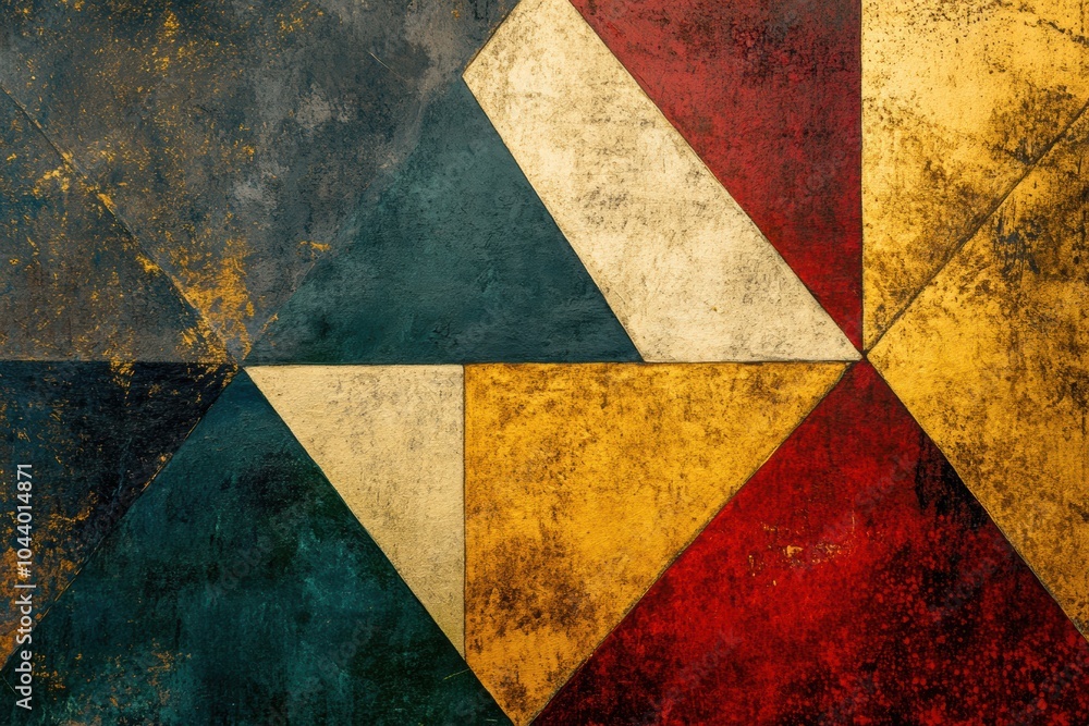 Poster vibrant triangular shapes in rich colors interact on a textured surface, highlighting a modern artis