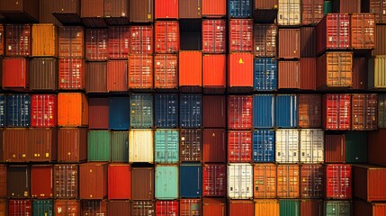 Fototapeta premium Packed container ship, heading to sea, symbolizing global trade
