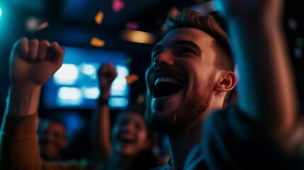 Fototapeta premium A young man with a beard smiles and raises his fist in celebration as confetti falls around him.