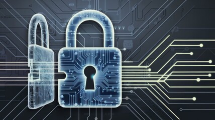 Abstract futuristic illustration of a digital padlock with circuit board patterns, glowing lines, and data flow, symbolizing cybersecurity, encryption, and protection of information.