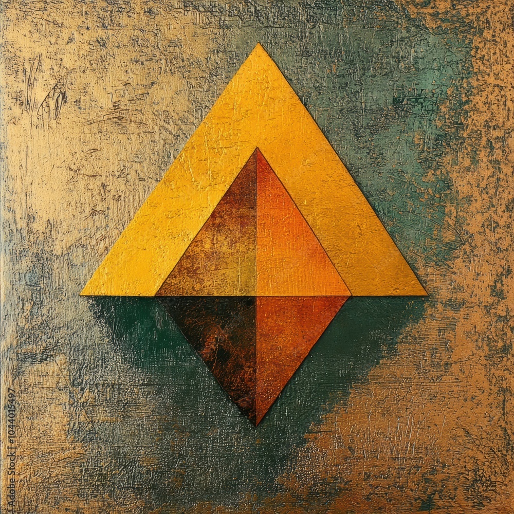 Poster The artwork features asymmetrical triangular shapes crafted from textured materials, set against a golden green backdrop, creating an engaging visual. Generative AI