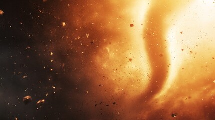 A dramatic tornado forms lifting dust and debris against a fiery orange sky