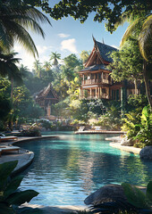 Naklejka premium A serene hotel swimming pool in Thailand surrounded by lush greenery, offering a luxurious and peaceful retreat with tropical vibes and calming waters