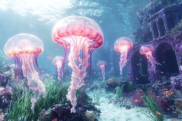 Fototapeta premium Vibrant jellyfish swim amidst ancient underwater ruins