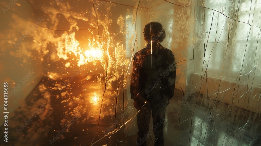 Poster a distorted reflection of a person standing in front of a cracked mirror their features appearing bl