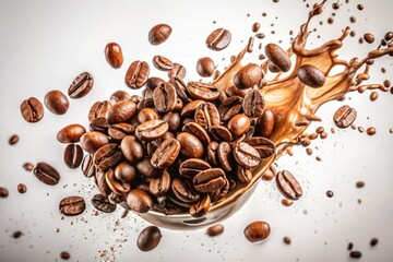 Obraz premium Minimalist Splash of Coffee with Beans on White Background for Stunning Beverage Photography