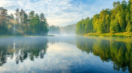 Fototapeta premium A tranquil river enveloped in soft morning mist with vibrant trees along the banks