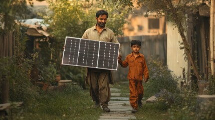 indian father and son carrying solar panel, walking together in backyard