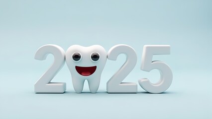 Obraz premium The white numbers 2025 and a tooth are depicted on a blue background. A banner for celebrating the New Year in dentistry. A postcard dedicated to the Christmas holiday. It is suitable for medicine.