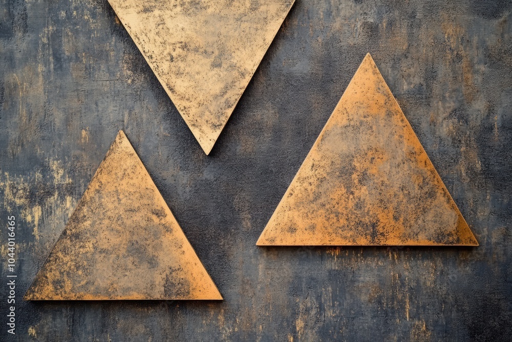Poster Intriguing asymmetrical triangular shapes rest on a textured surface, highlighting their unique design and artistic appeal. Generative AI