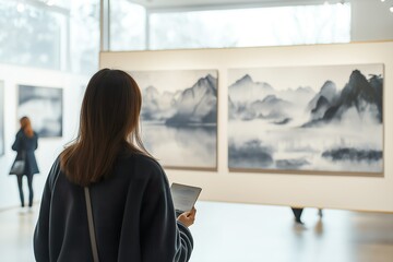 A woman with straight auburn hair admires artwork at a modern art gallery during a tranquil...